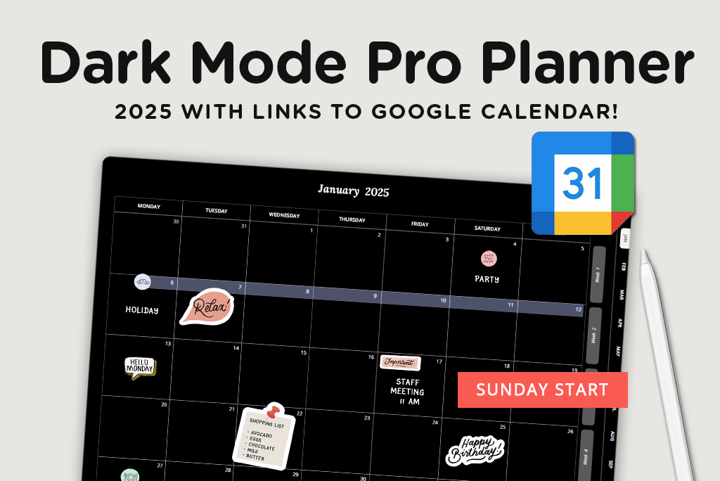 2025 Dark Mode Google Pro Planner (Sunday)