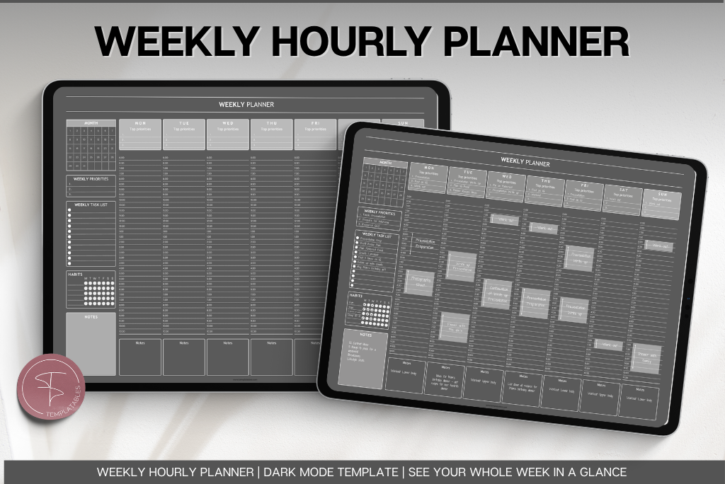 Weekly Hourly Planner Template (Dark mode)