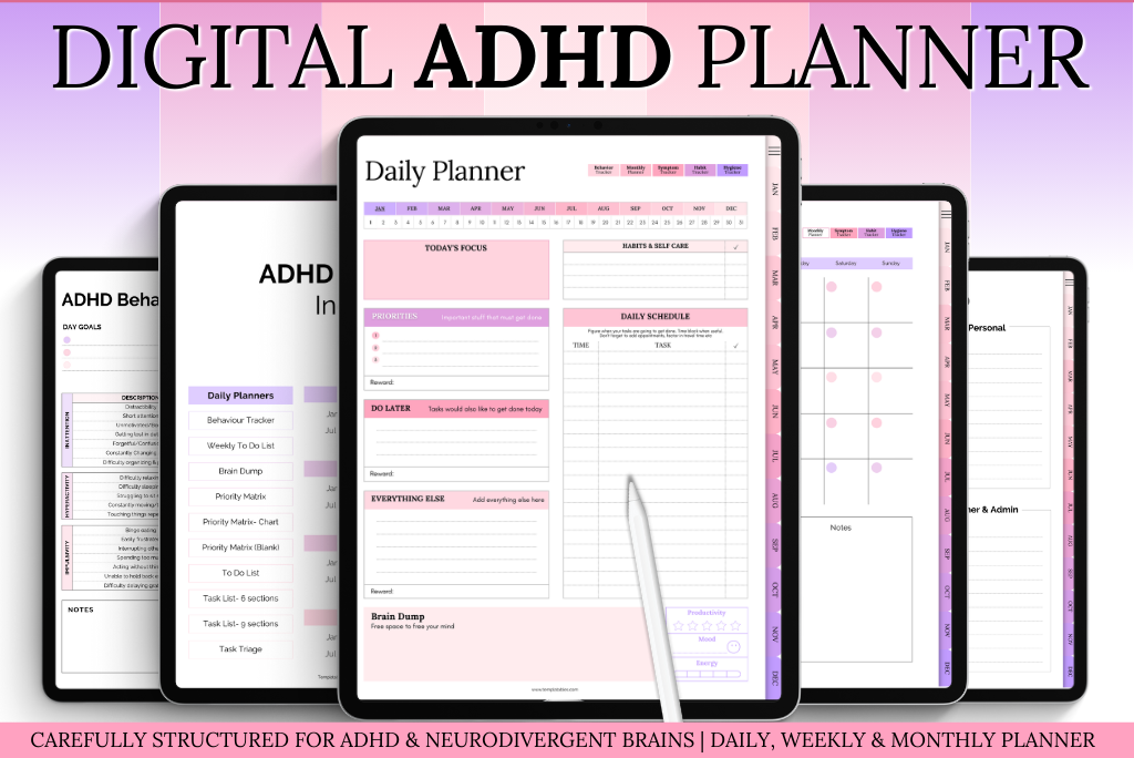 Digital ADHD Daily Planner - Pretty Pink & Purple