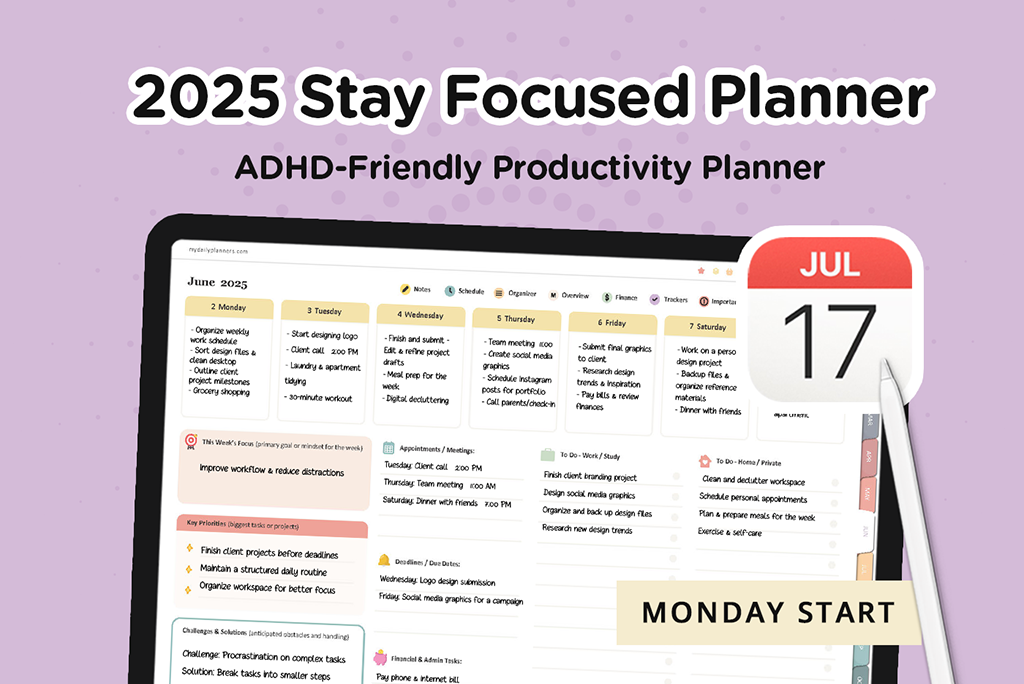 2025 Mantenha o Foco Planner ADHD (Apple, Segunda-feira)