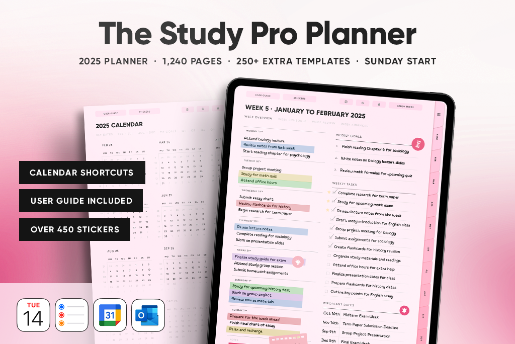 Der Study Pro Planner in Pink (Sonntag. Start, Hochformat)