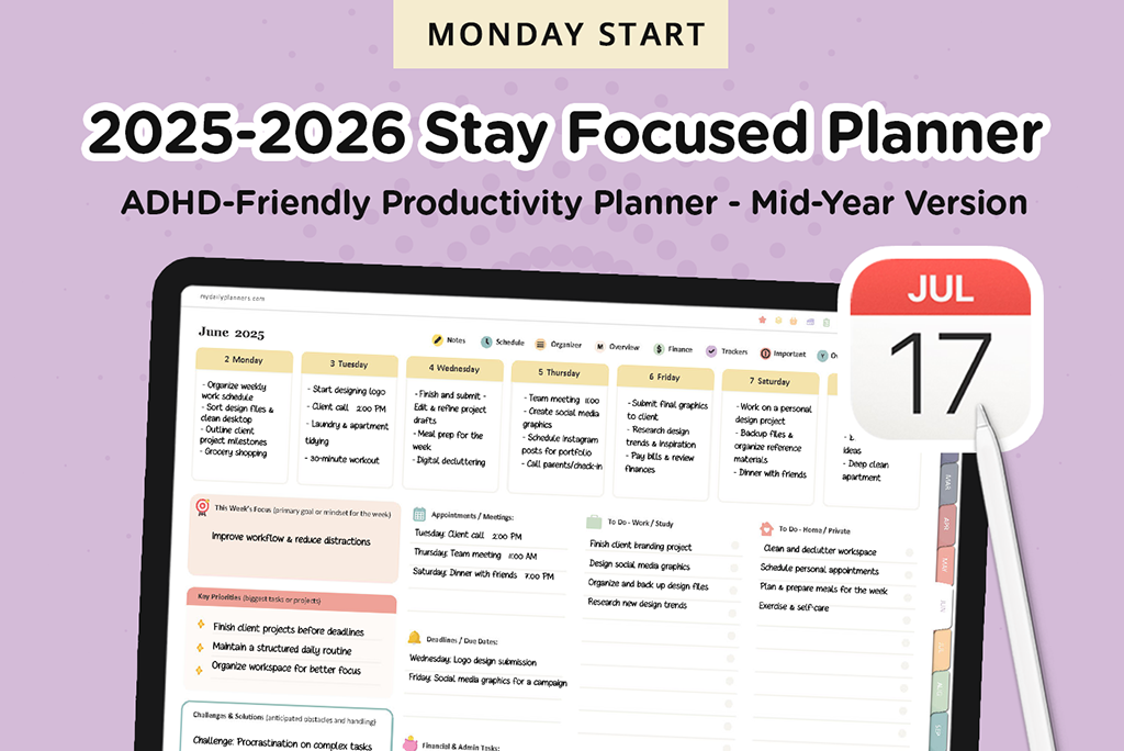 2025-2026 Stay Focused ADHD Planner (Apple, Monday)