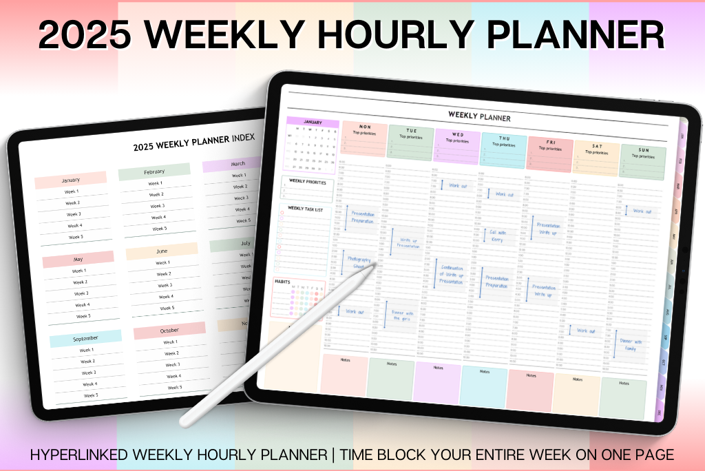 2025 Weekly Hourly Productivity Planner (Colorful)