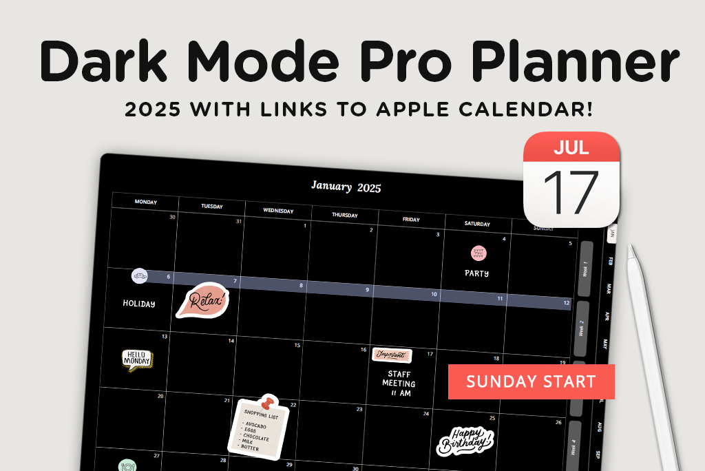 Planner Dark Mode 2025 (inizio da domenica)