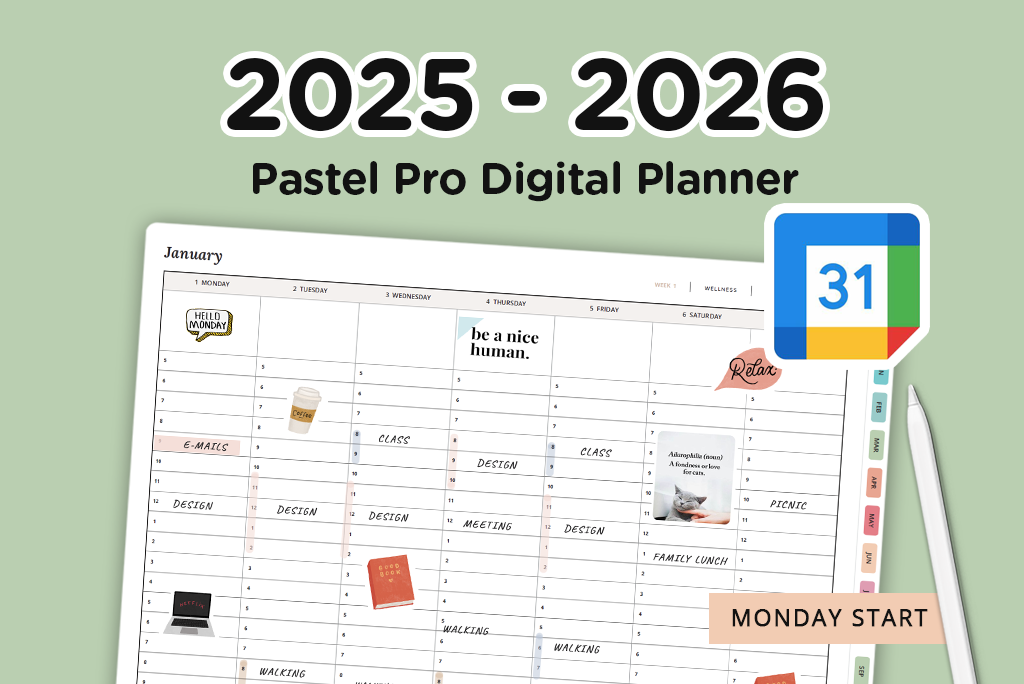 2025-2026 Pastel Pro Planner (Google, Monday)