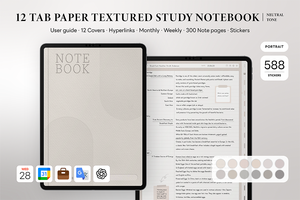 12 Tab Paper Texture Study Notebook (ChatGPT Integration)