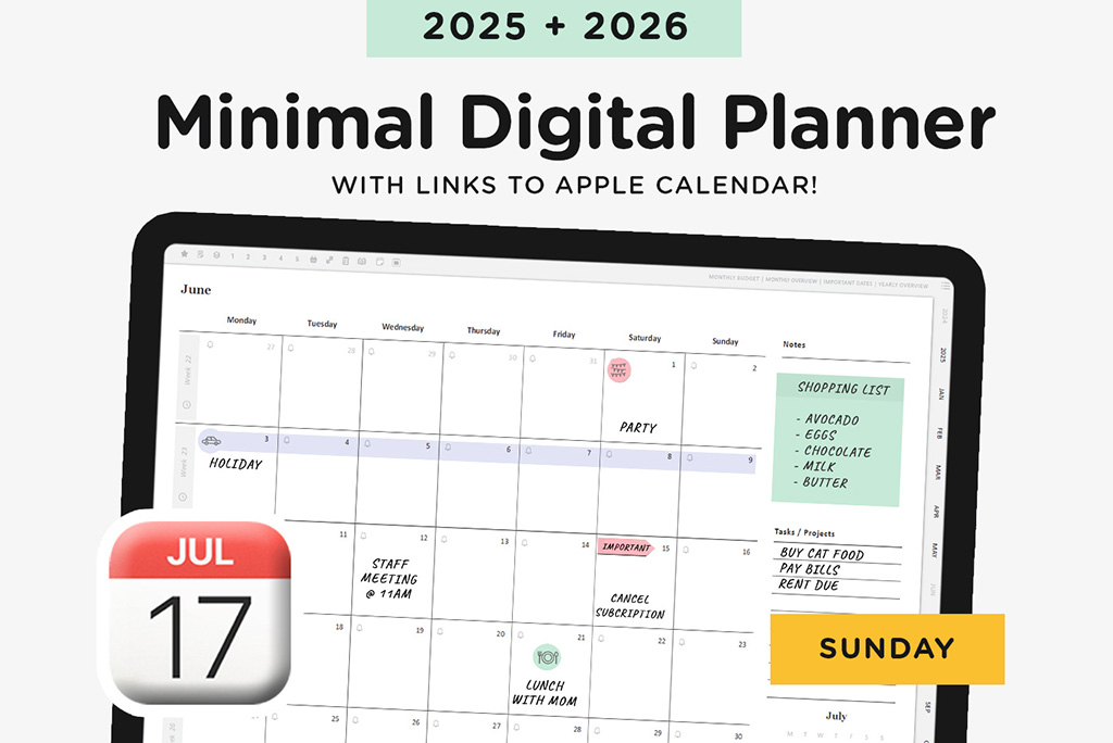 2025-2026 Minimal Digital Planner (Sunday,Apple)