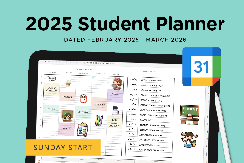 2025 Studentenplaner Google (Sonntag Beginn)