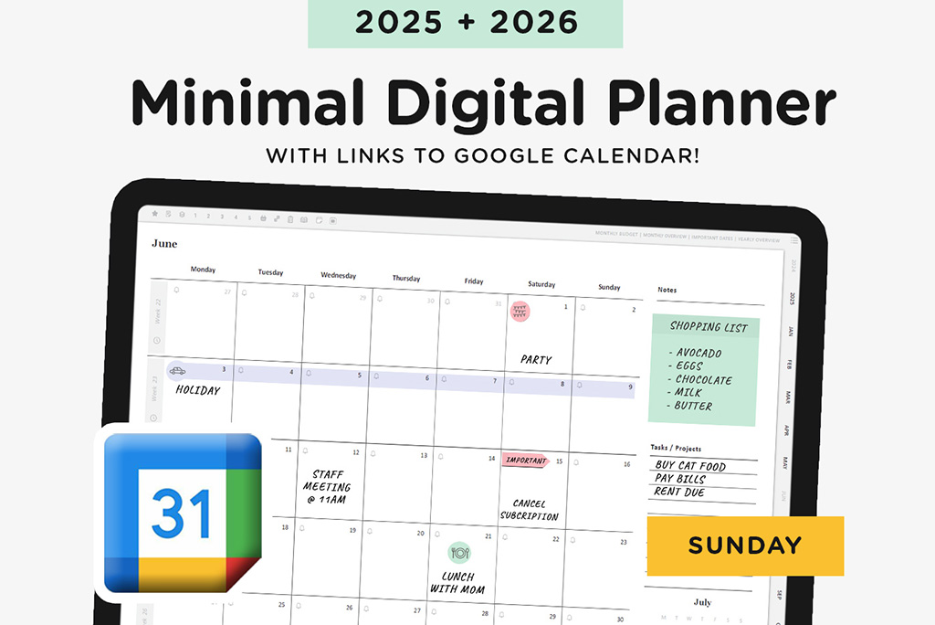 2025-2026 Minimal Digital Planner (Sunday, Google)