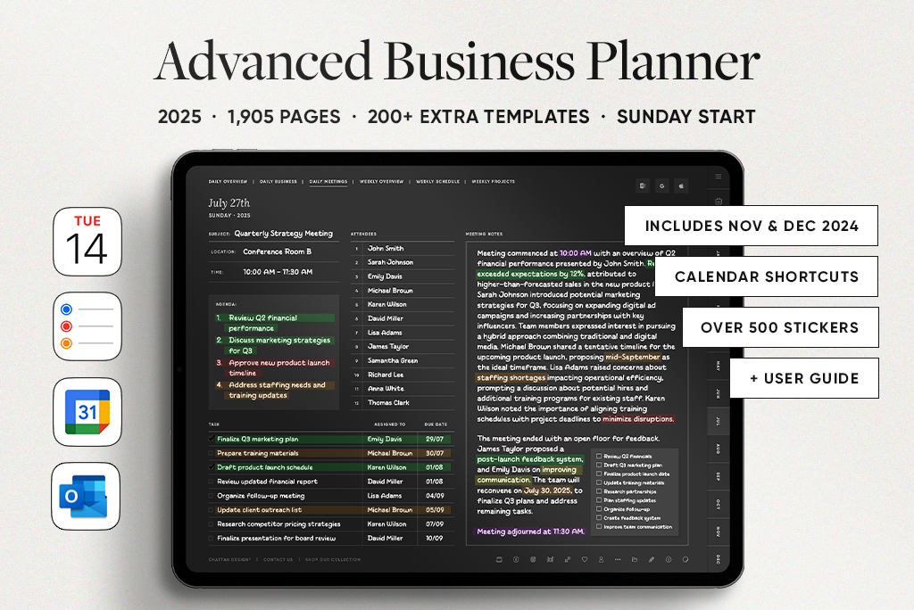 Il Planner Avanzato per il Business 2025 (Inizio Dom., Modalità Scura)