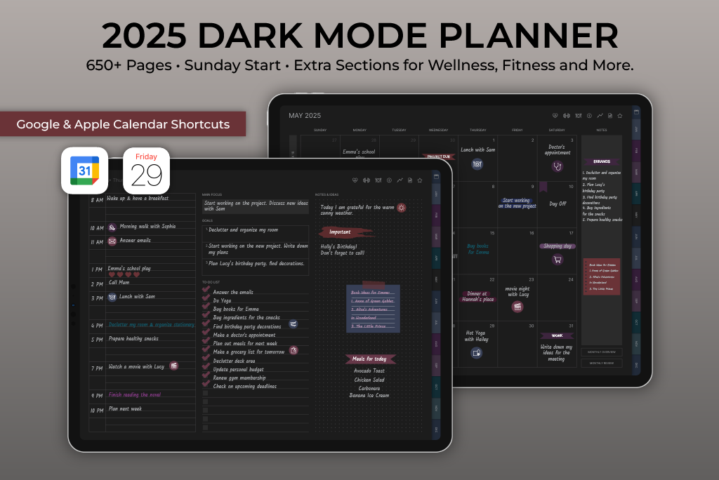 2025 Dark Mode Planner - Sunday Start