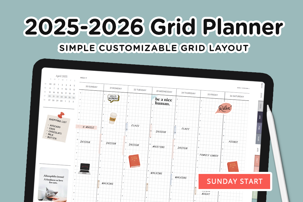 2025-2026 Grid Digital Planner (Sunday)