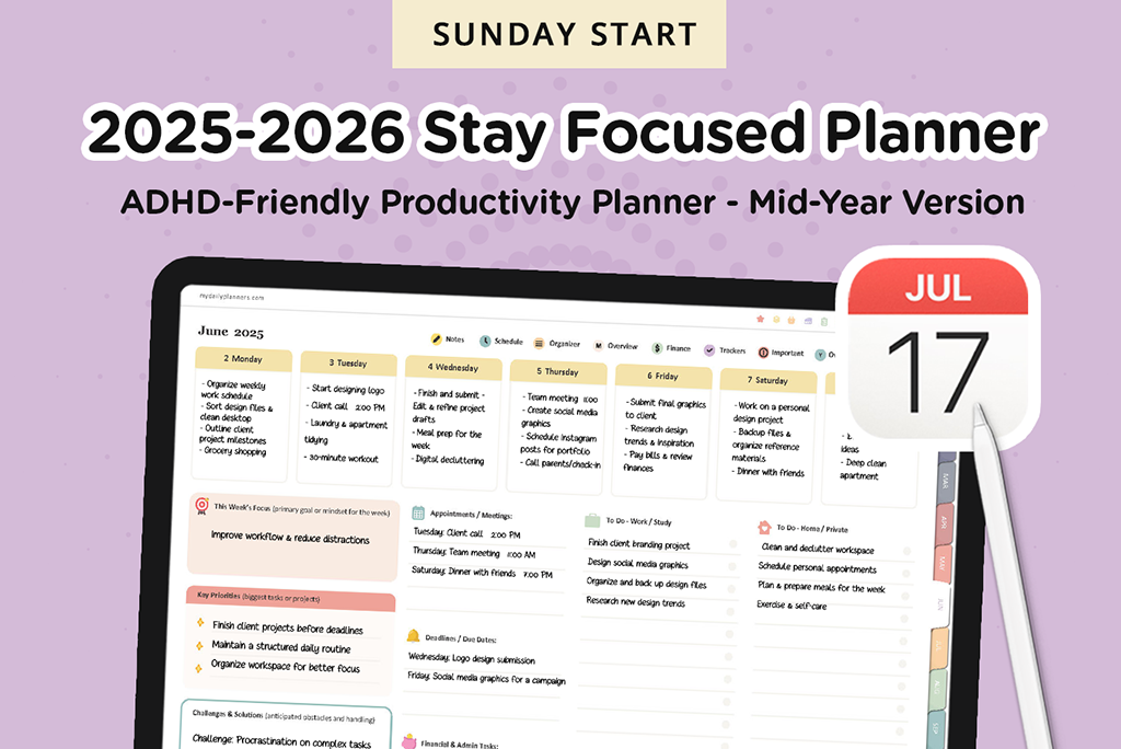 2025-2026 Stay Focused ADHD Planner (Apple, Sunday)