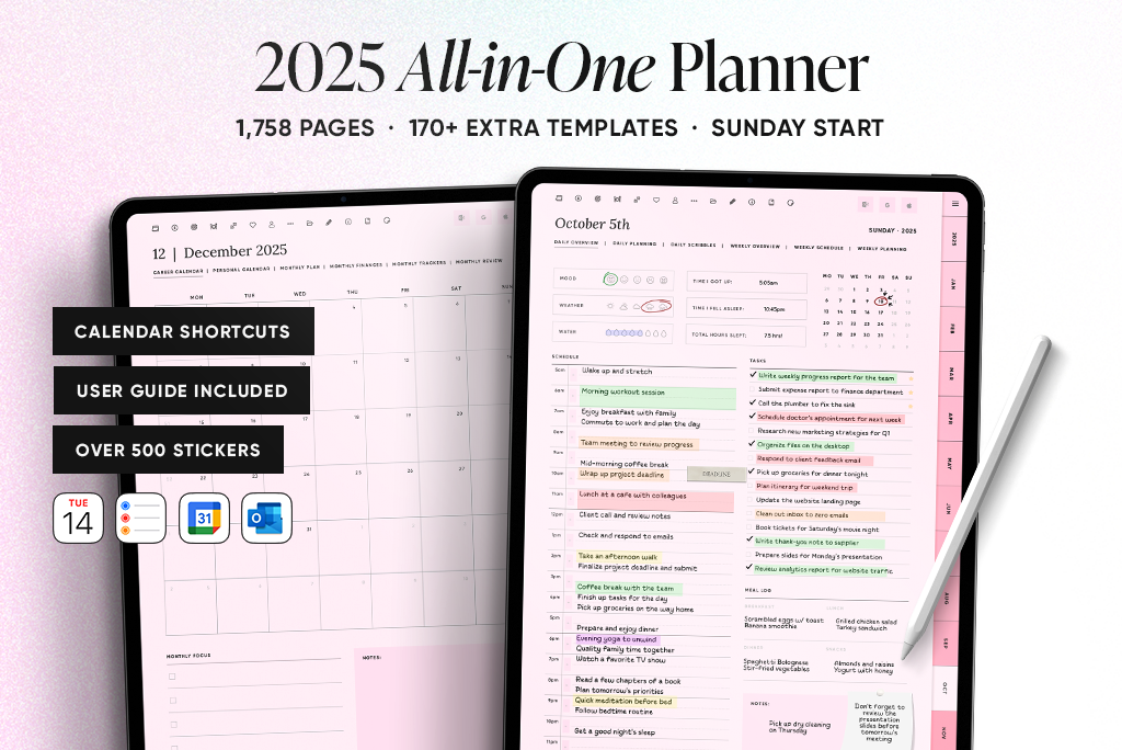 2025 Planner Tutto-in-Uno in Rosa (Inizio Domenica, Verticale)