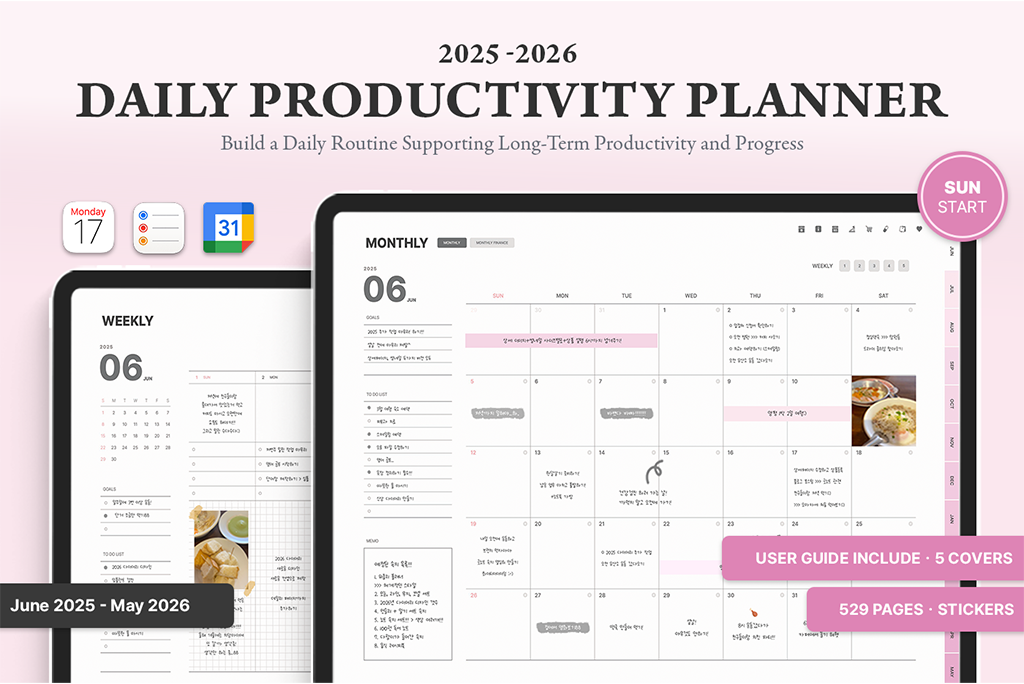 Jun 2025 - May 2026 Daily Productivity Planner (Pink, Landscape)