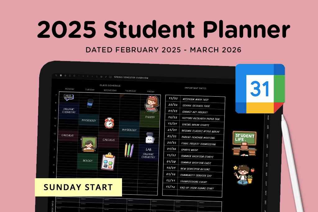 2025 Studentenplanner Donkere Modus Google (Zondag Begin)