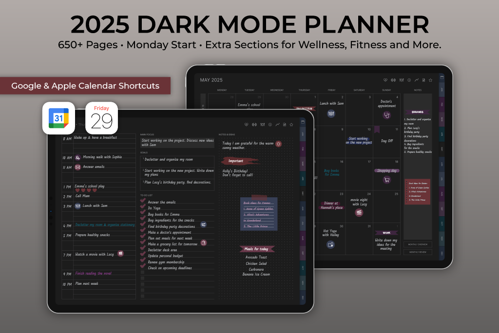 2025 Dark Mode Planner - Monday Start