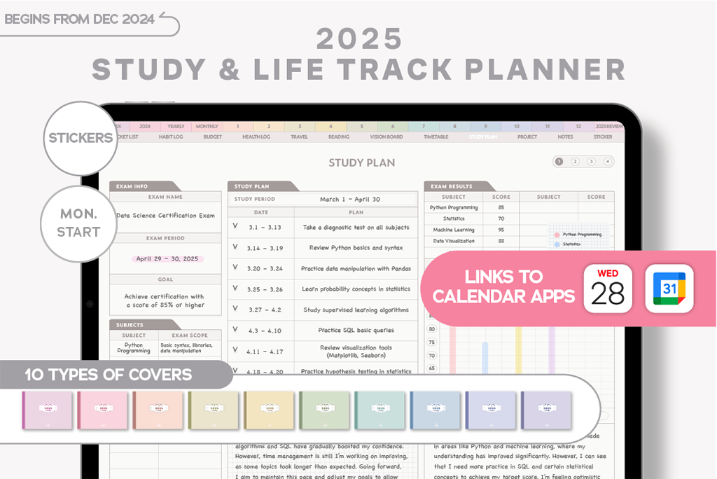 Planificateur d'Études et de Vie 2025 (Pastel, Intégration de Calendrier)