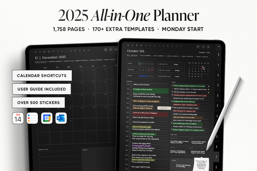 2025 All-in-One Planner in Donkere Modus (Ma. Start, Portret)