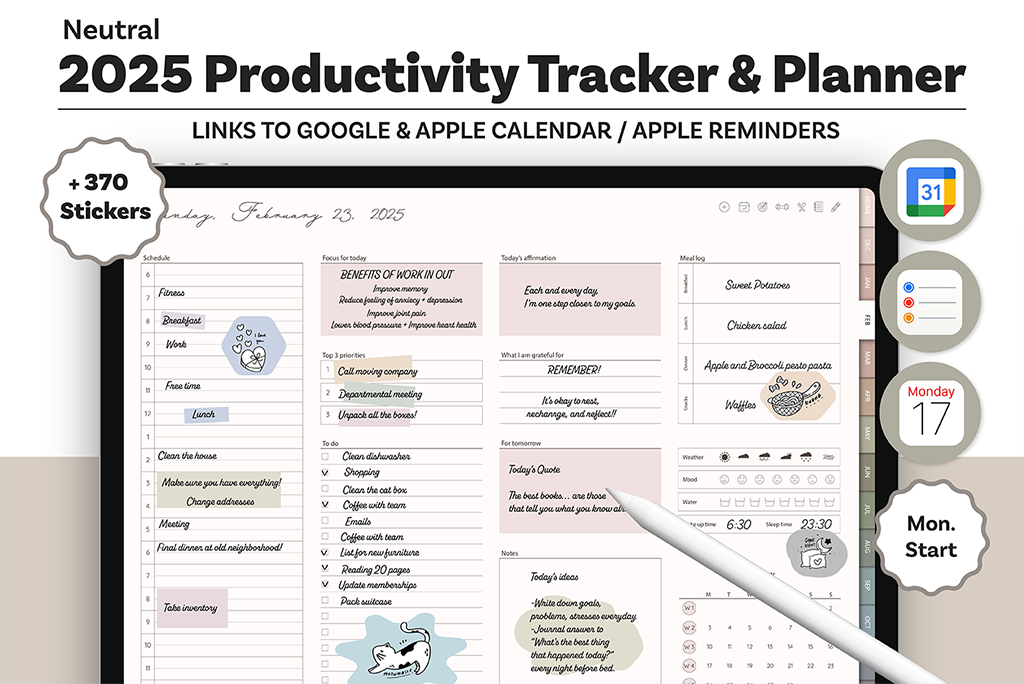 Tracker e Planner di Produttività 2025 (Neutro, Integrazione Calendario)