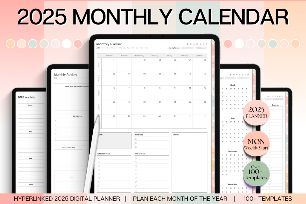 2025 Digital Monthly Planner - Portrait Peach