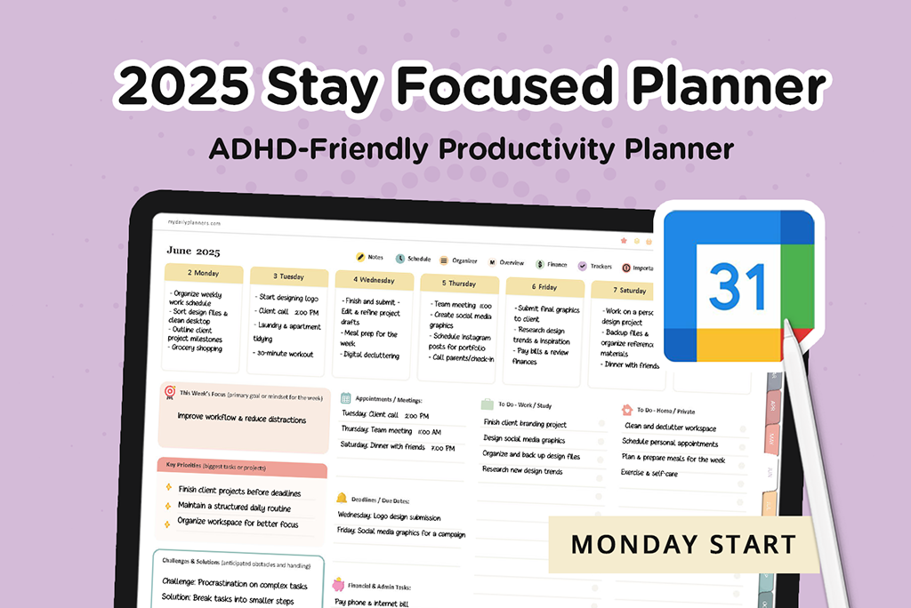 2025 แพลนเนอร์ ADHD ที่มุ่งเน้น (Google, Monday)