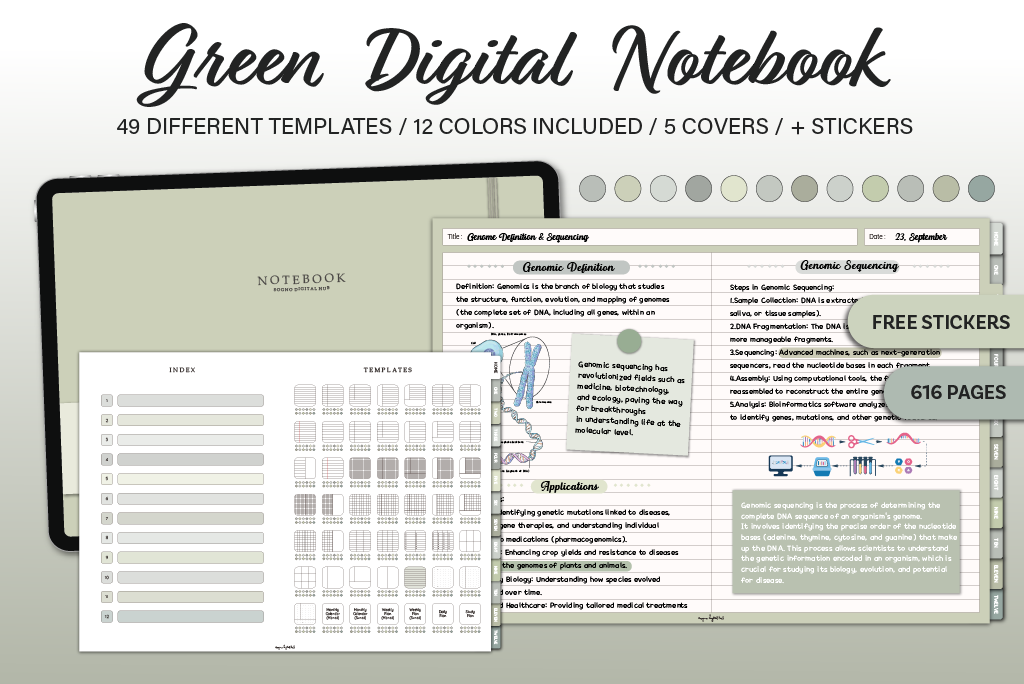 12 Tab Green Notebook (Landscape, Sticker set)