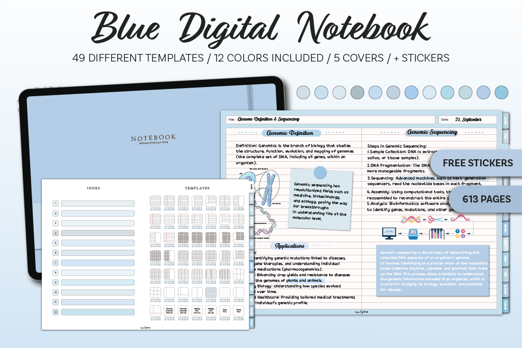 Cahier bleu 12 onglets (horizontal, ensemble de stickers)