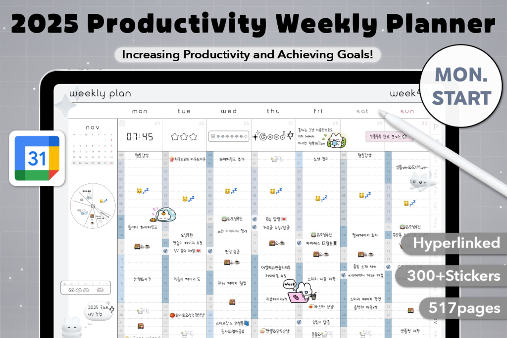 2025 Productivity Weekly Planner (Mon.Start, Calendar Integration)