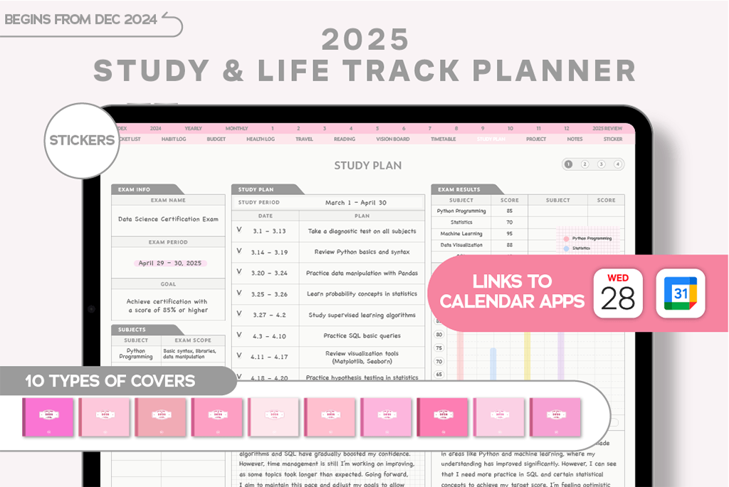 Planeador de Acompanhamento de Estudo e Vida 2025 (Rosa, Integração de Calendário)