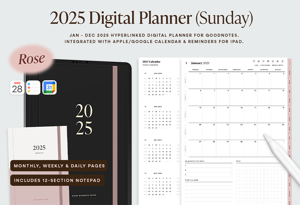 2025 Planner in Rose (Zondag Start)