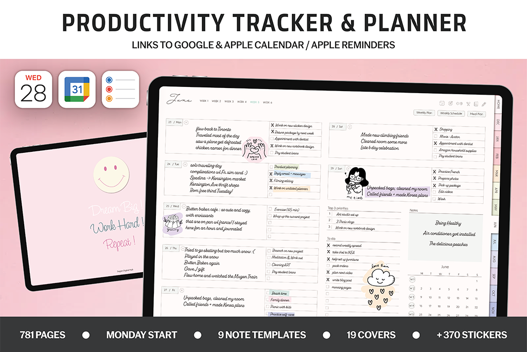 2025 Produktivitäts-Tracker & Planer (Regenbogen, Kalenderintegration)