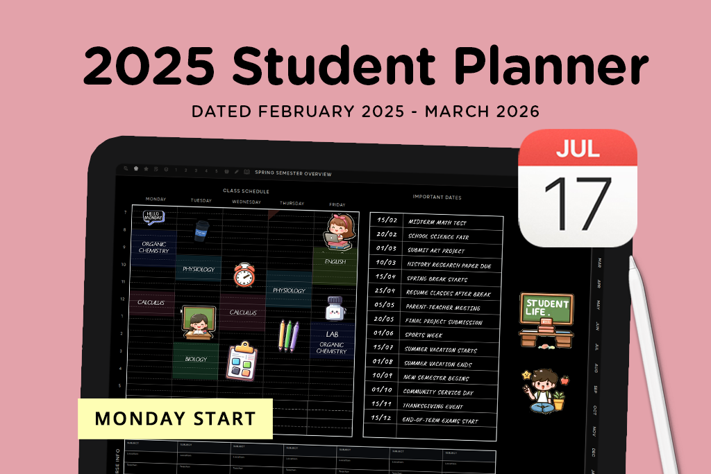 2025 Student Planner Dark Mode Apple (Monday Start)