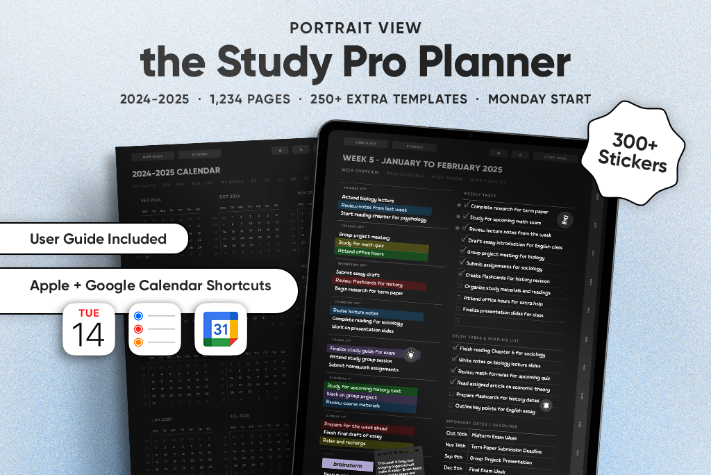 Il planner Study Pro in modalità scura (inizio lunedì)