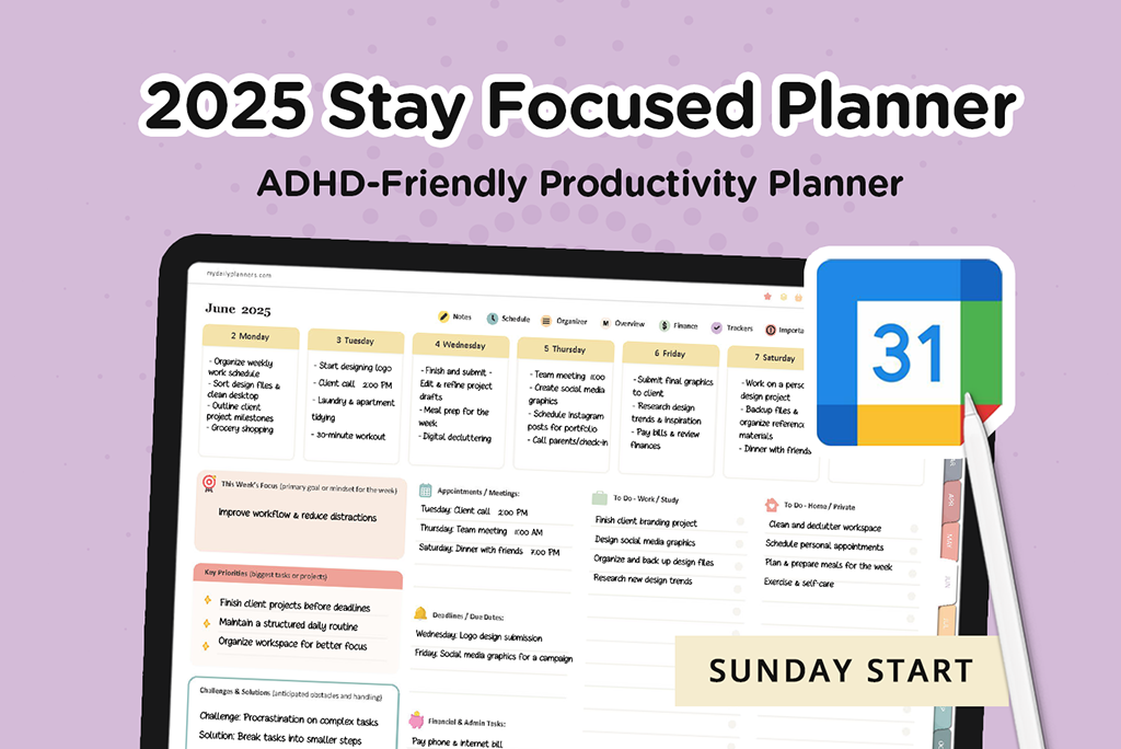 2025 Stay Focused ADHD Planner (Google, Sunday)