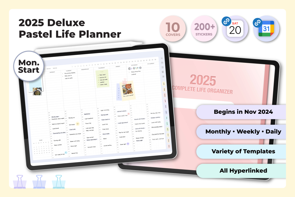 Agenda de vida en colores pastel de lujo para 2025 (comienza en lunes)