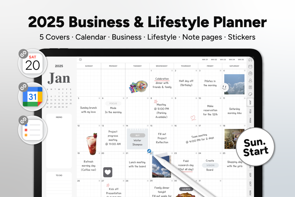 2025 Geschäfts- & Lebensplaner (Grau, Sun.Start, Kalenderintegration)