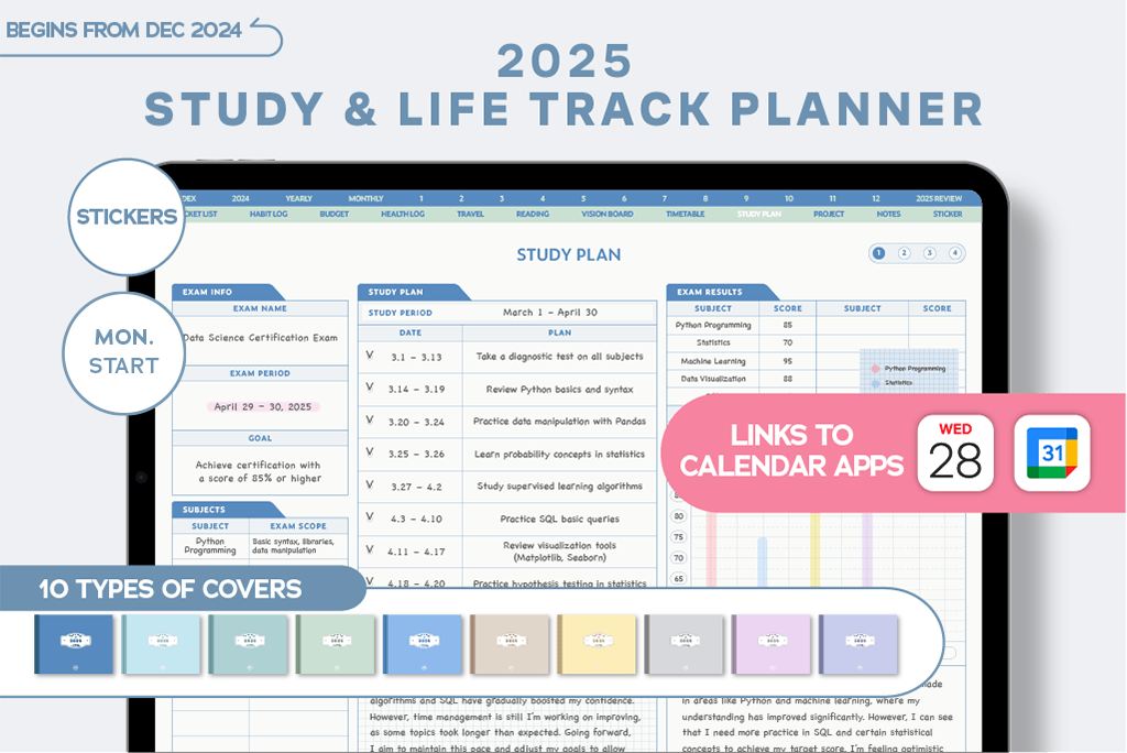 2025 学习与生活追踪规划器（天蓝色，日历集成）