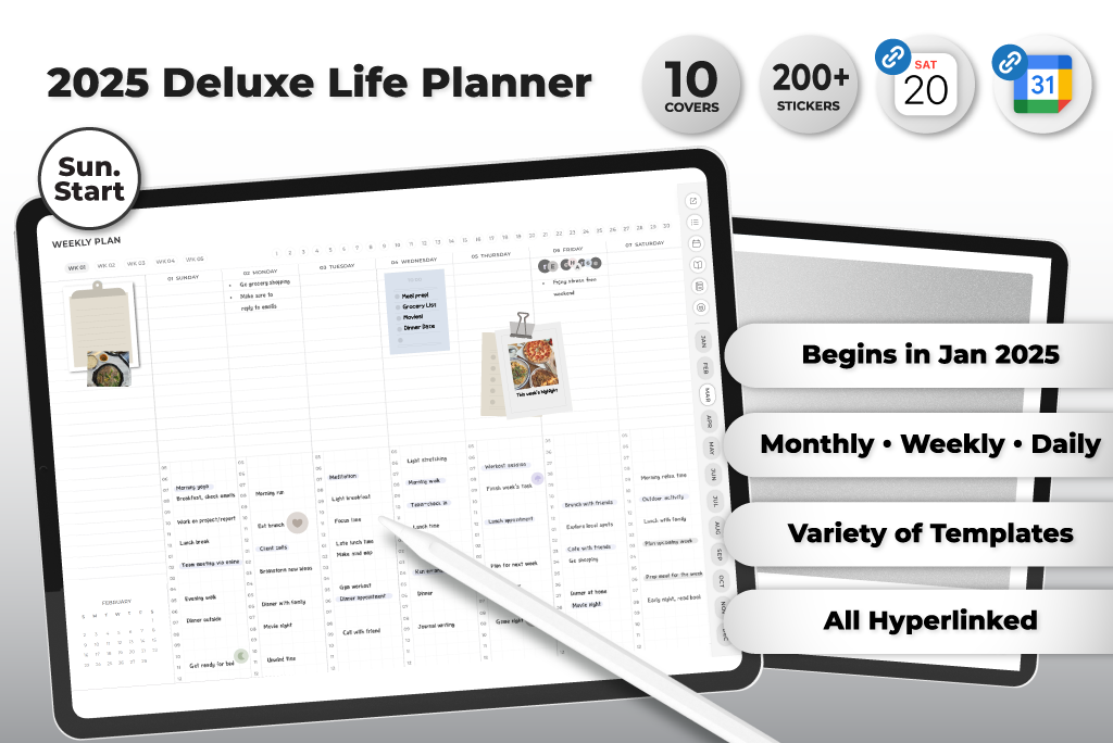 Planificador de Vida Deluxe 2025 (Gris, Sun.Start, Integración de Calendario)