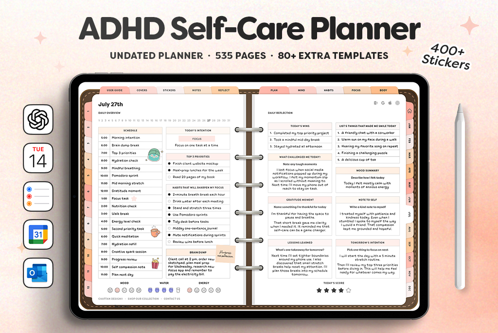 ADHD Self-Care Planner (Landscape, Peachy)