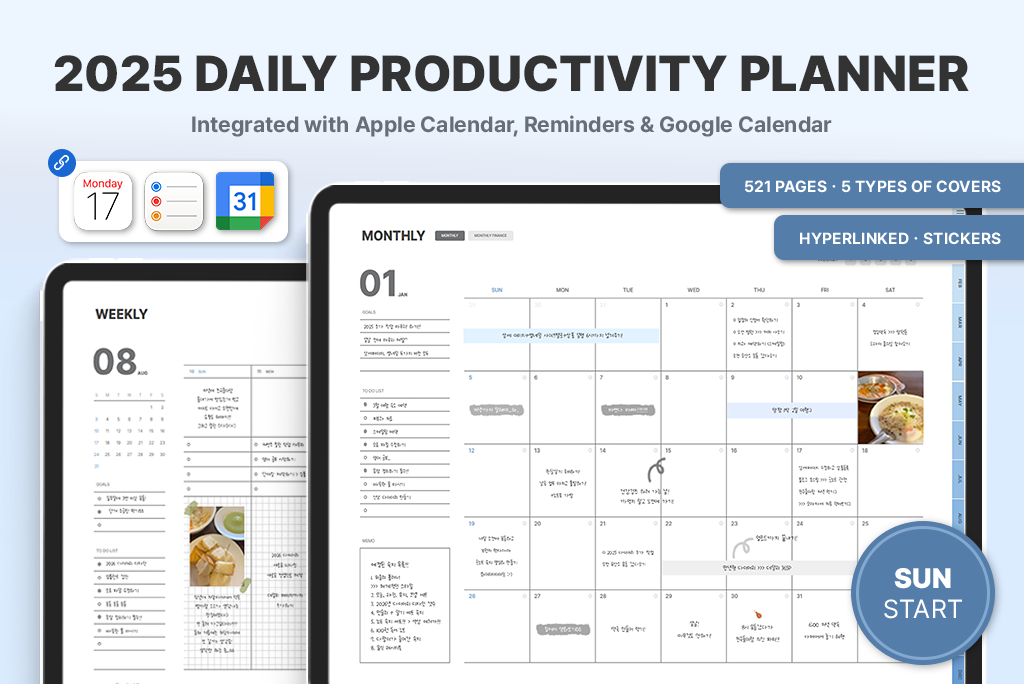 2025 Dagelijkse Productiviteitsplanner (Blauw, Kalenderintegratie)