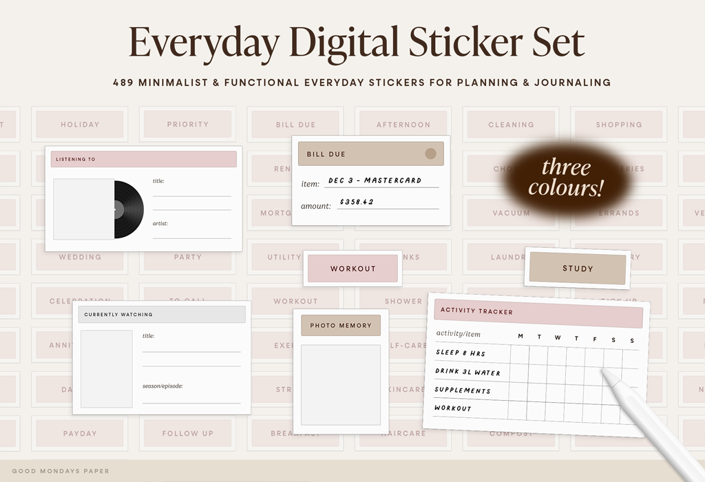 Minimalistische dagelijkse sticker set in 3 kleuren