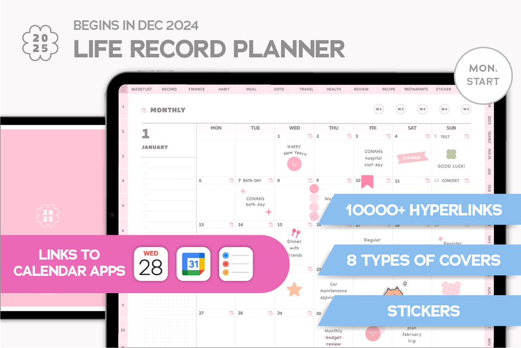 2025 Pink Life Record Planner (Mon. Start, Calendar Integration)