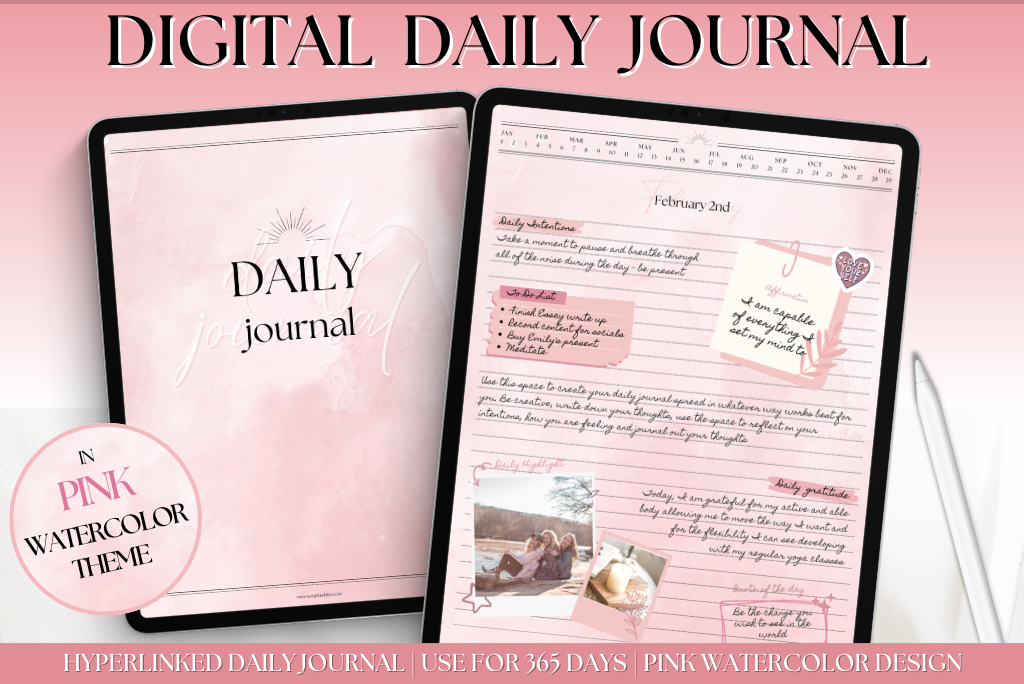 Digital Daily Journal - Pink Watercolor