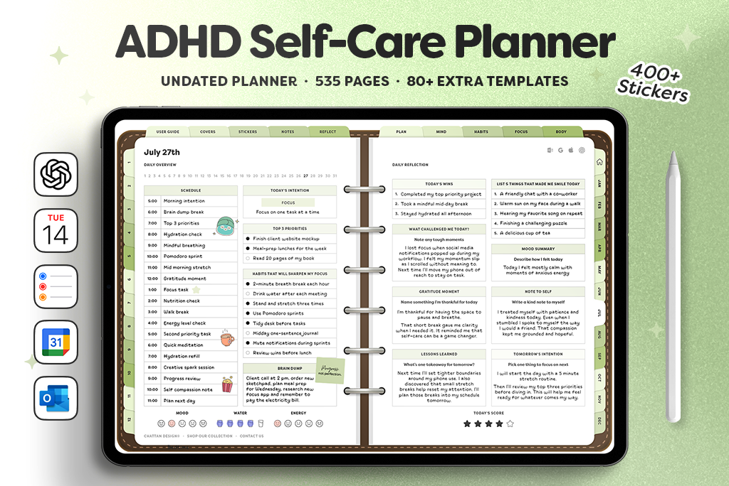 ADHD Self-Care Planner (Landscape, Matcha)