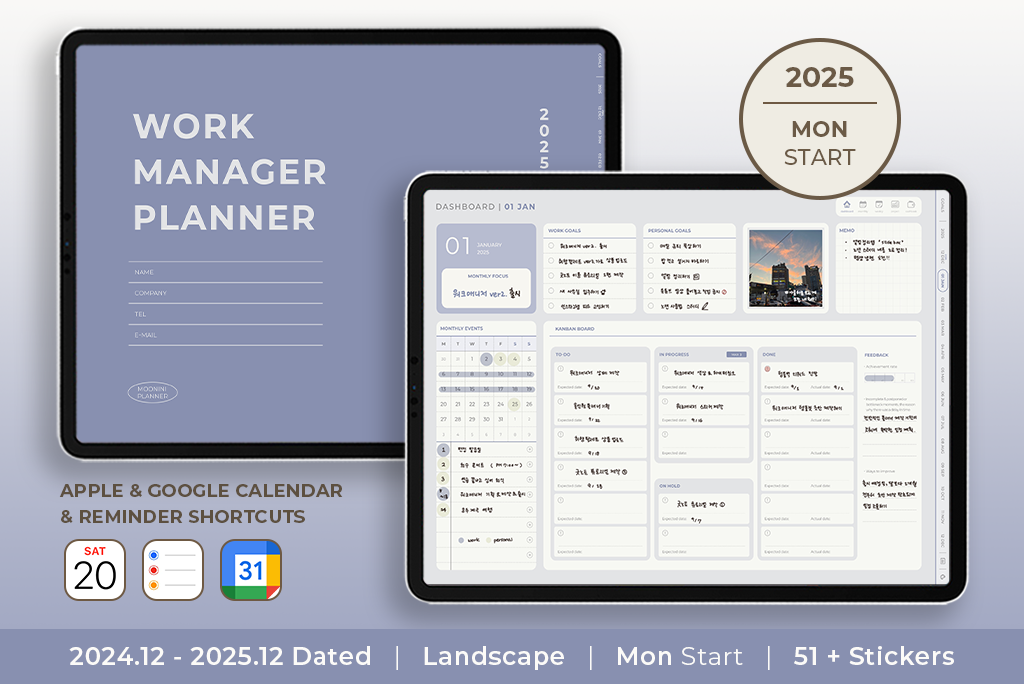 2025 Work Manager Planner (Blue, Mon.Start Calendar Integration) 