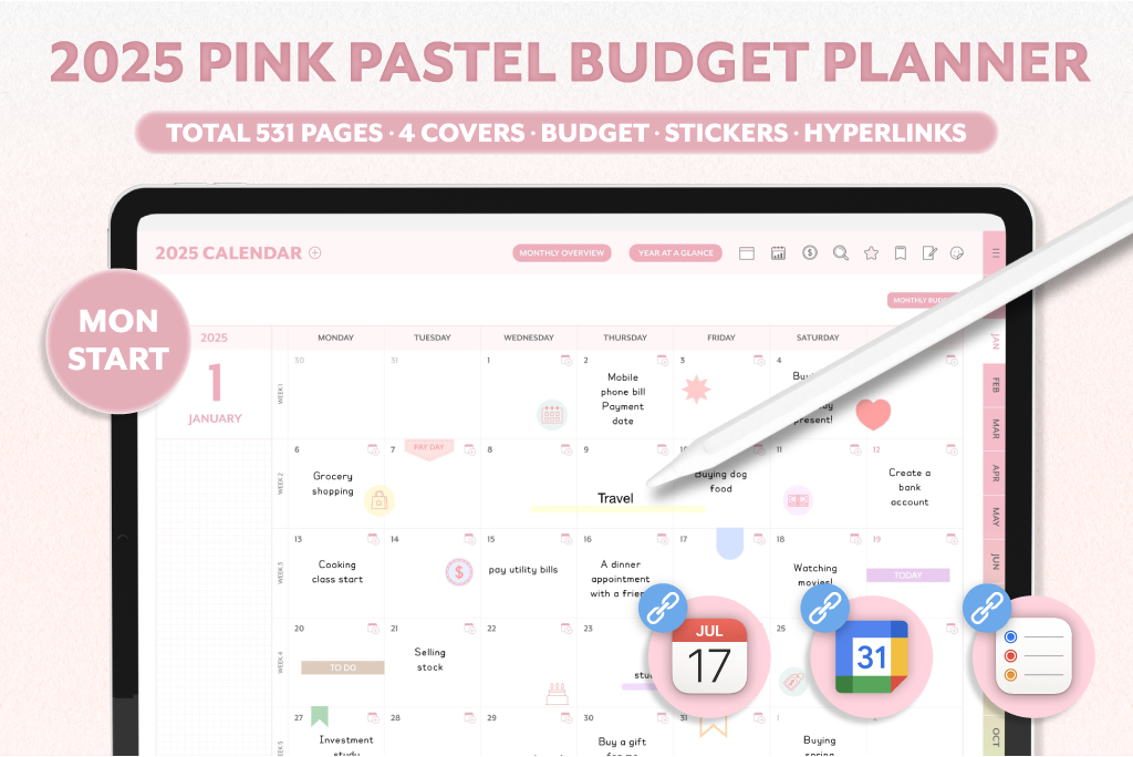 2025 Pink Pastel Budget Planner (Mon.Start, Calendar Integration)