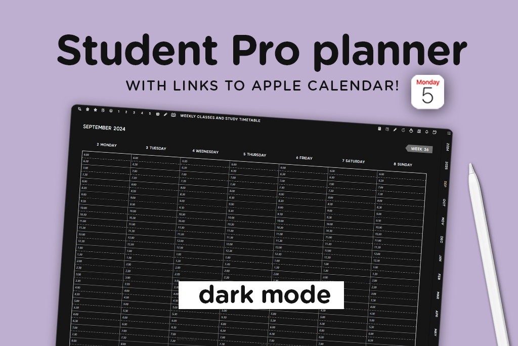 Planificateur étudiant pro mode sombre (commence un lundi)