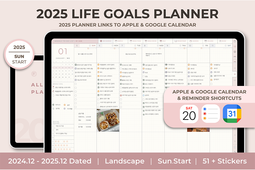 Planner de Objetivos de Vida 2025 (Rosa, Início Domingo, Integração de Calendário)