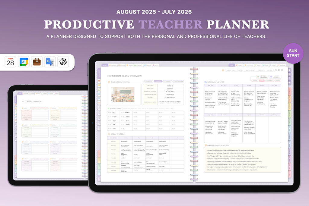 2025-2026 Productive Teacher Planner (ChatGPT Integration, Lavendar, Sun.Start)
